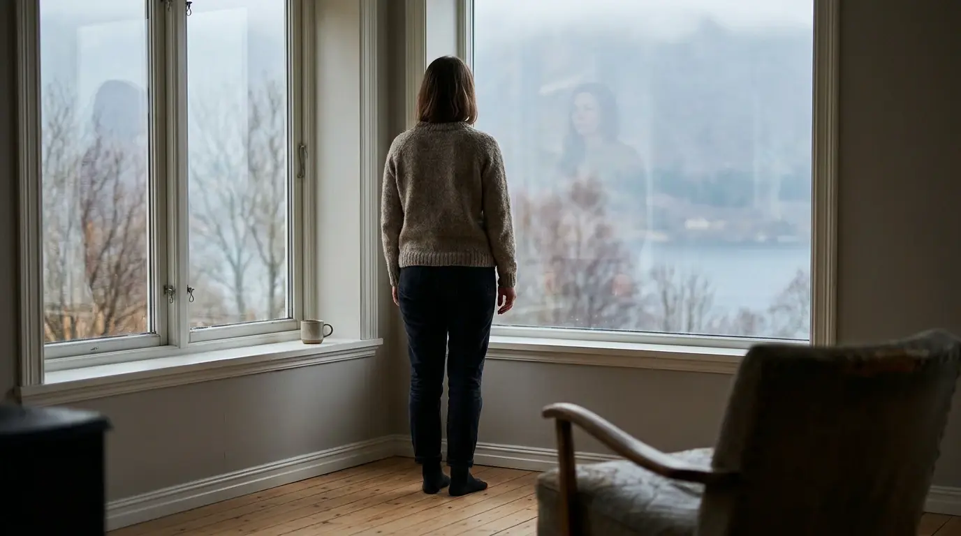 Person i stille eftertanke ved et vindue – et visuelt udtryk for lavt selvværd, indre kritiker og følelsesmæssig uro.